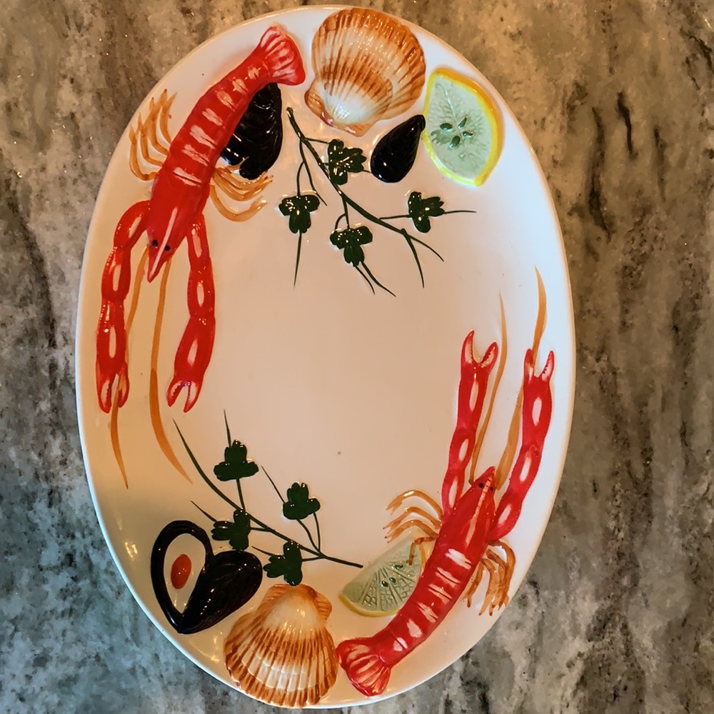 Vintage Lavori Artigian Ali platter-16” long x 12”wide. Gorgeous vibrant lobster